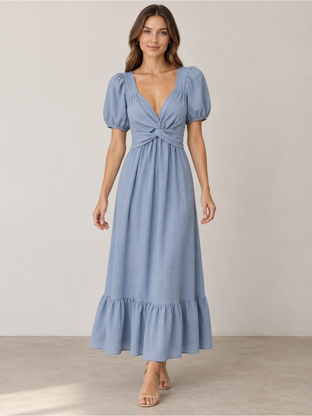 Astr Light Blue Twist-Front Puff-Sleeve Maxi Dress - Picture 2 of 8